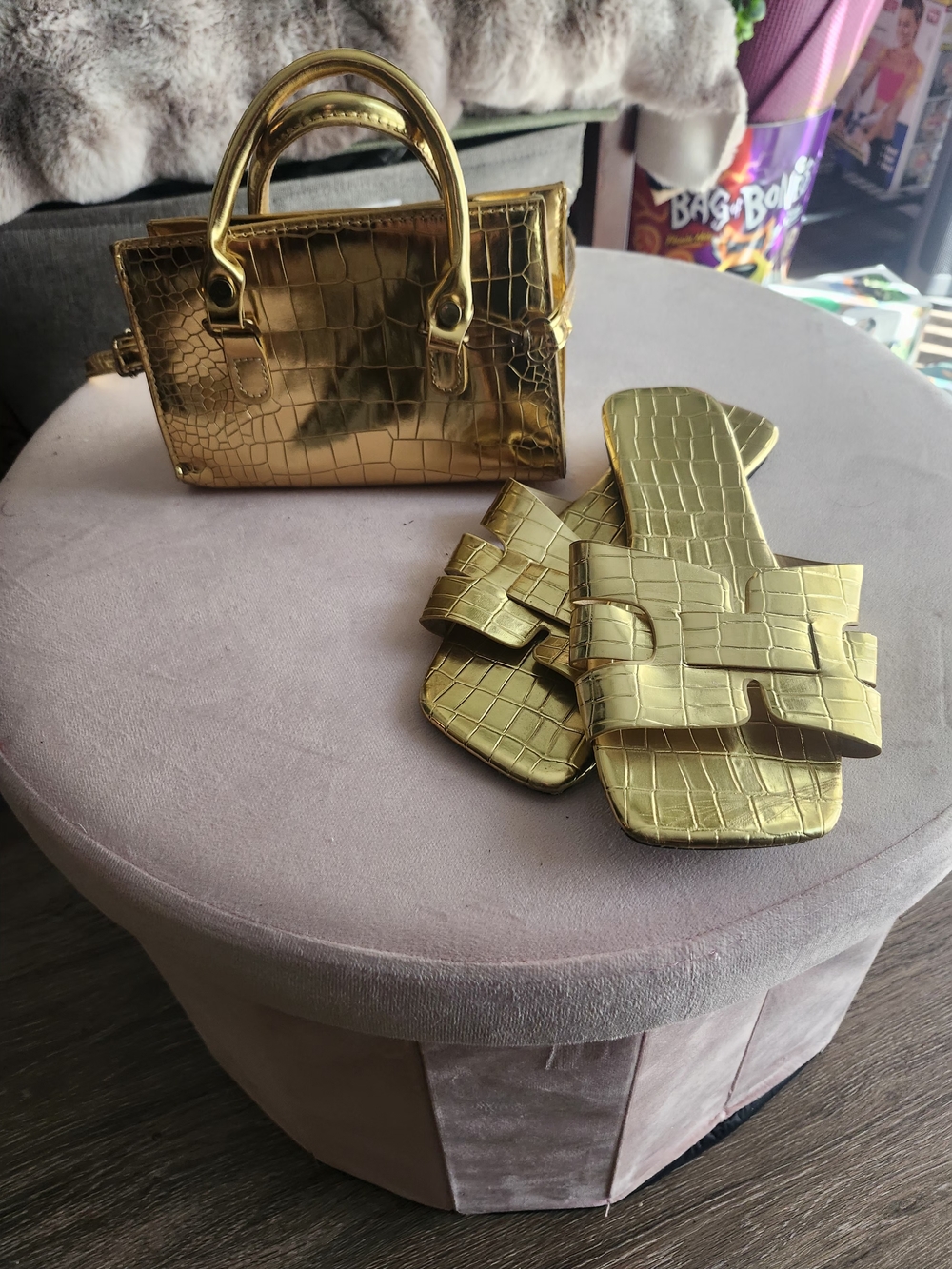 Gold Croc-Embossed Mini Satchel with Matching Slide Sandals